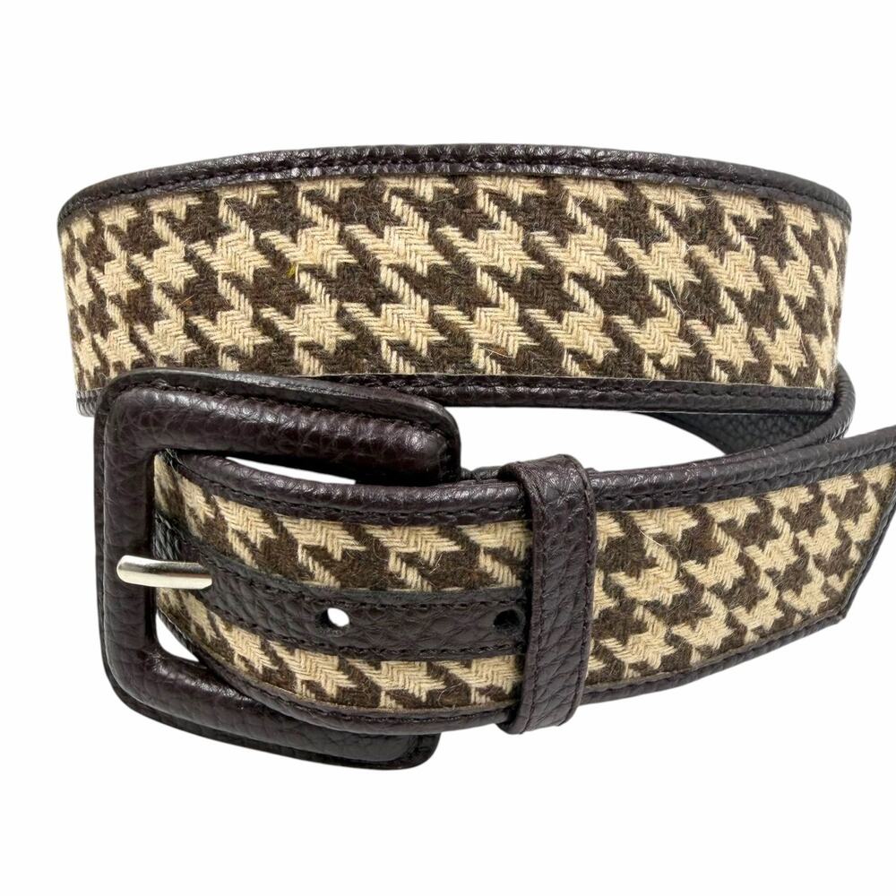 VTG 80s 90s Houndstooth Fabric Faux Leather Belt Brown Cream Wide L XL Mod Indie